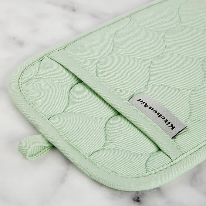KITCHENAID Quilted Cotton Terry Cloth Oven Mitt, Pot Holder, Kitchen Towel 4-Pack Set, Heat Resistant, Silicone Grip, 16"x26", 7"x13" & 7"x10", Pistachio