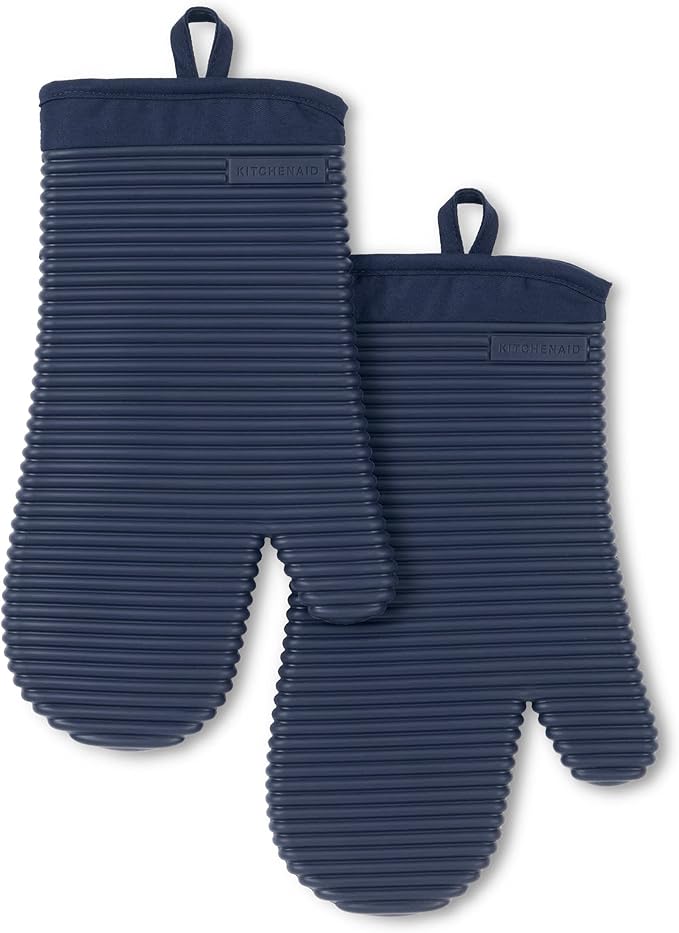 KITCHENAID Ribbed Soft Silicone Oven Mitt 2-Pack Set, 7.5"x13", Ink Blue