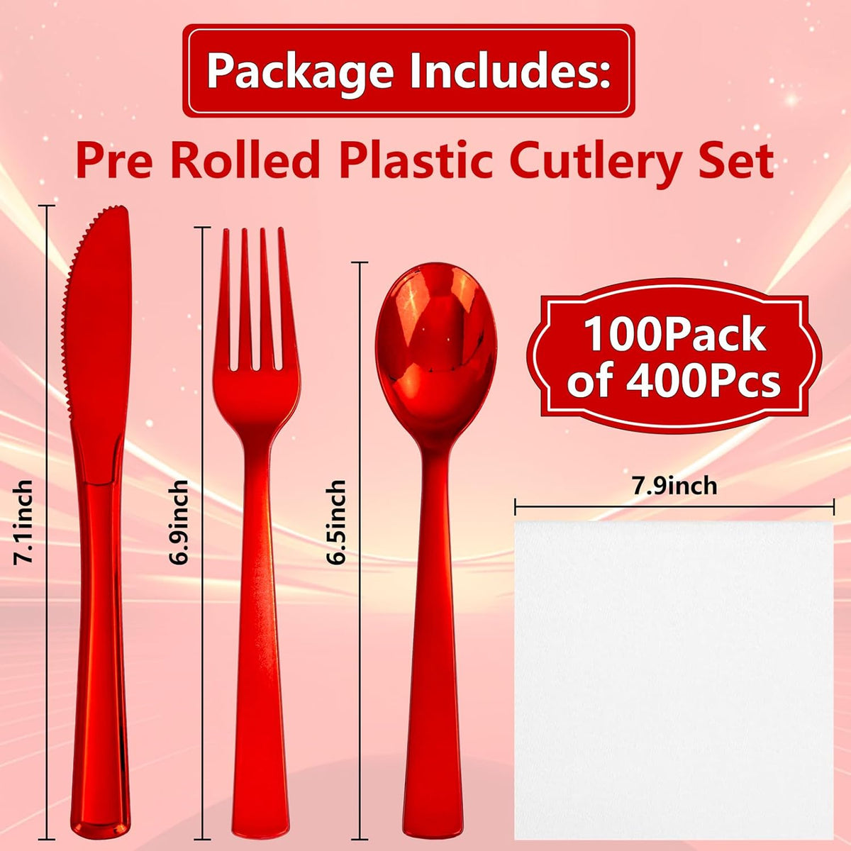 400PCS Pre Rolled Red Plastic Silverware Sets - Heavy Duty Red Cutlery - Include 100 Pack Wrapped Disposable Utensils with Napkins for Parties & Dinners & Weddings