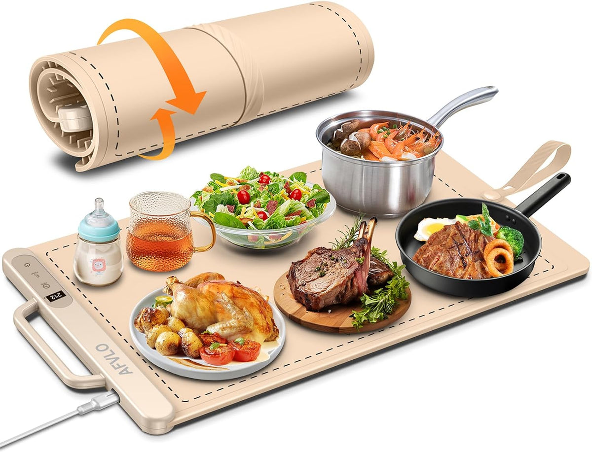 Electric Food Warming Mat with Adjustable Temperature, Upgrade High-tech Graphene Heating Film, Fast Full Surface Heating Mat, Roll Up Food Warmers for Parties Buffet (Cream)