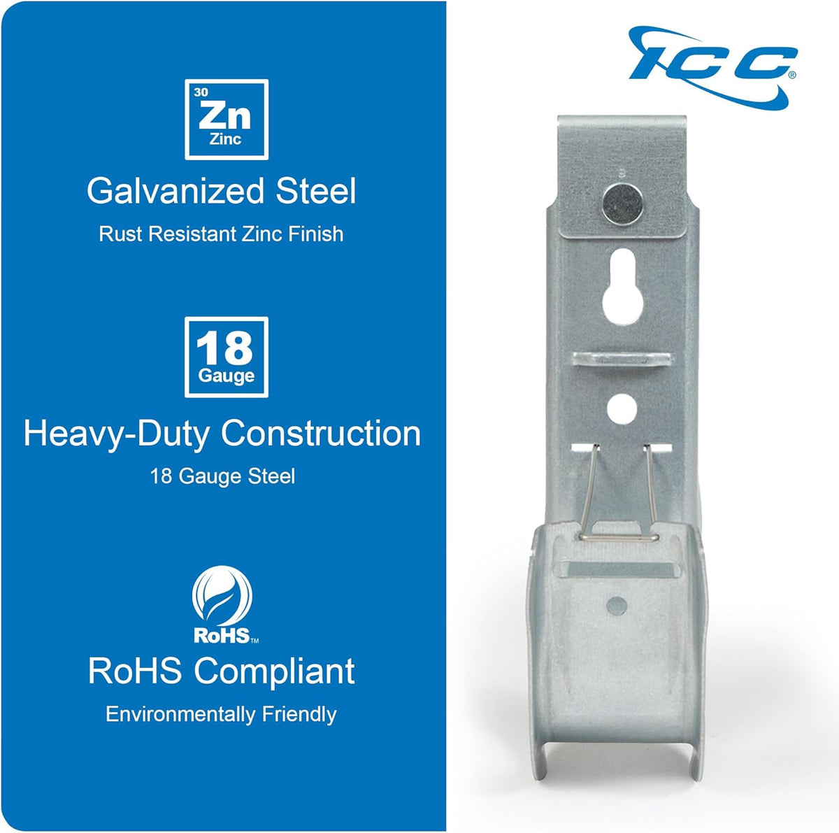 ICC Ceiling Mount J Hook 2” with Retainer Clip - Galvanized Steel Cable Management Hooks for Hanging Cable - Rust-Resistant, EIA and TIA Compliant - 2 Inch 25-Pack