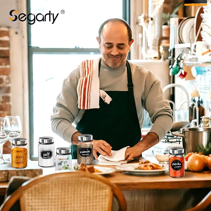 Segarty Spice Jars with Labels, 6 Pack 5oz Glass Spice Containers with Lids, Empty Clear Salt Shakers for Kitchen Condiment Storage, Spice Bottles Set with 136 Stickers, 1 Marker Pen and 1 Brush