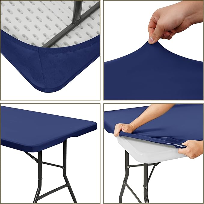 6 Pack Stretch Fabric Table Top Cap Cover, fits 6' Tables, Spandex Table Covers Washable Elastic Rectangle Tablecloth Protector for Indoor Outdoor Party Picnic Wedding, Navy Blue, 30" W x 72" L