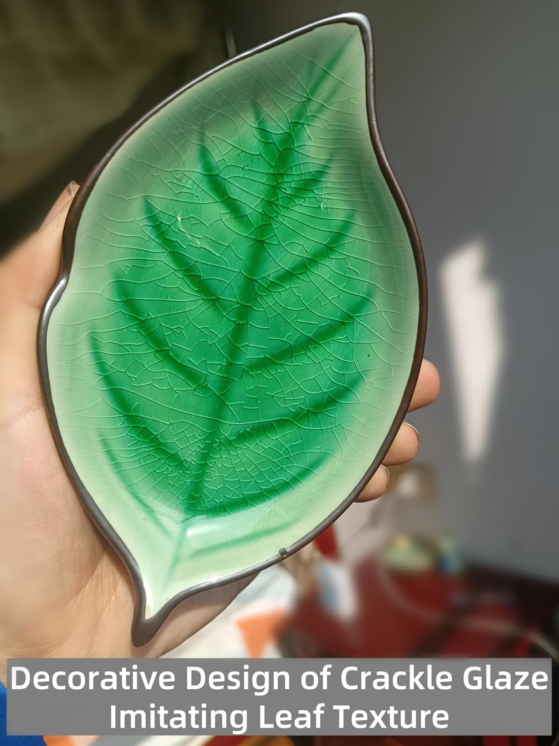 Ceramic Spoon Rest for Stove Top, Ice Cracks Leaf Cute Spoon Rest for Kitchen Counter, Cooking Spoon Holder for Kitchen Counter, Utensil Rest Spatula Rest Ladle Holder Tong Rest, 1 PC (A, Emerald)