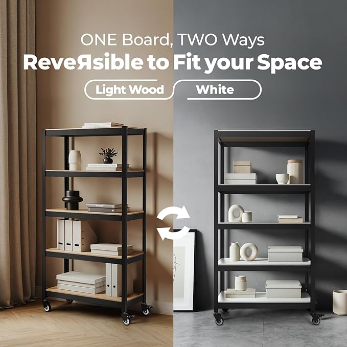 HOMEDANT House 5-Tier Metal Rolling Cart Shelf Rack Casters Heavy Duty Laminated Wheel Shelving Unit Adjustable Utility Storage Shelves Organizer Shelf Kitchen Garage 36.2" W x 16.5" D x 69.5" H 1Pack