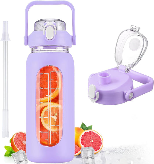 kytffu 56oz Glass Water Bottles with Straw, Motivational Glass Bottle with Silicone Sleeve and Time Marker, Leakproof Large Glass Water Jug for Gym Home Office,Purple
