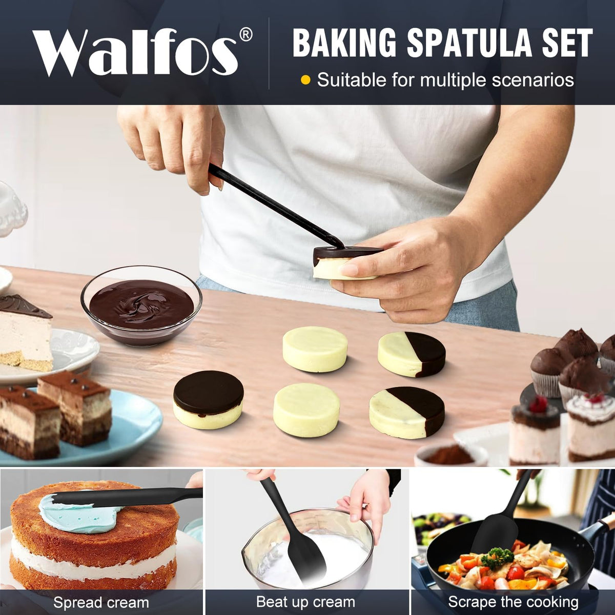 Walfos Silicone Spatula Set of 8(600°F）- Heat Resistant Kitchen Silicone Scraper Spatulas & Mini Spatulas, One-Piece Seamless Design, Perfect for Cooking Mixing & for Non-stick Cookware,black