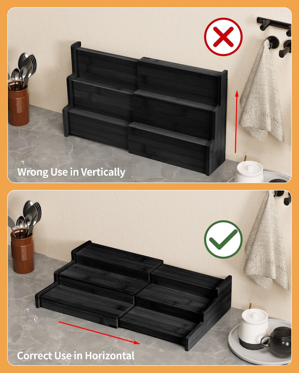 Spice Rack Organizer, 3 Tier Expandable Bamboo Spice Rack Organizer, Great for Kitchen Cabinet, Cupboard, Pantry and More-Black(2pack)