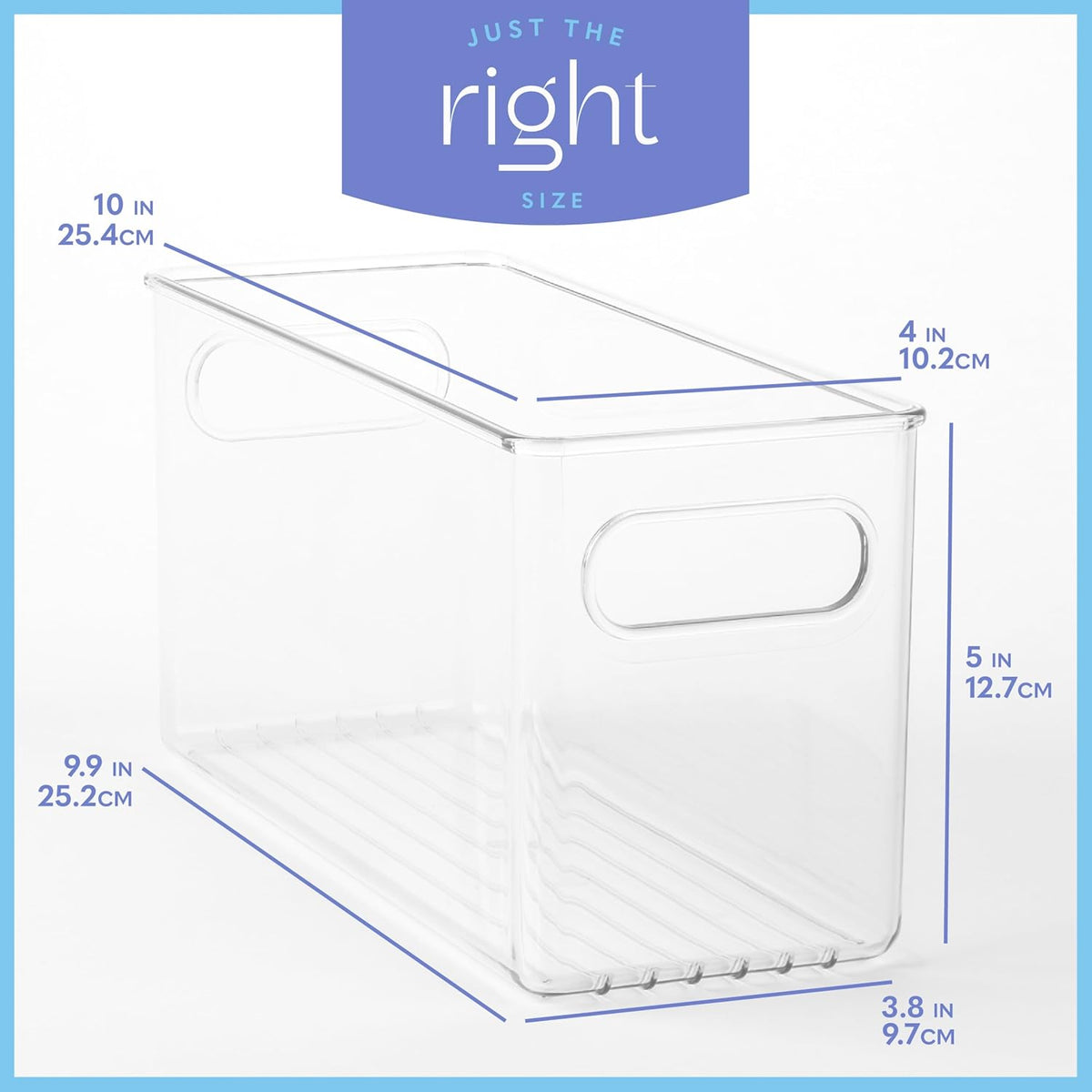 Clear Plastic 4 Pack Storage Container Bin with Integrated Easy Grip Handles. For Kitchen, Fridge, Freezer, Cabinet, Pantry, Bathroom Organization. 10"x4"x5"