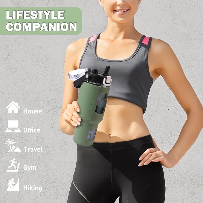 BLUEGO 40 oz Glass Water Bottles with Straw Time Marker, Glass Tumbler with Handle Top Lids, Easy to Clean, Fits in Car Cup Holder, Leakproof Jug for Gym, Sports, Workout & Daily, Olive