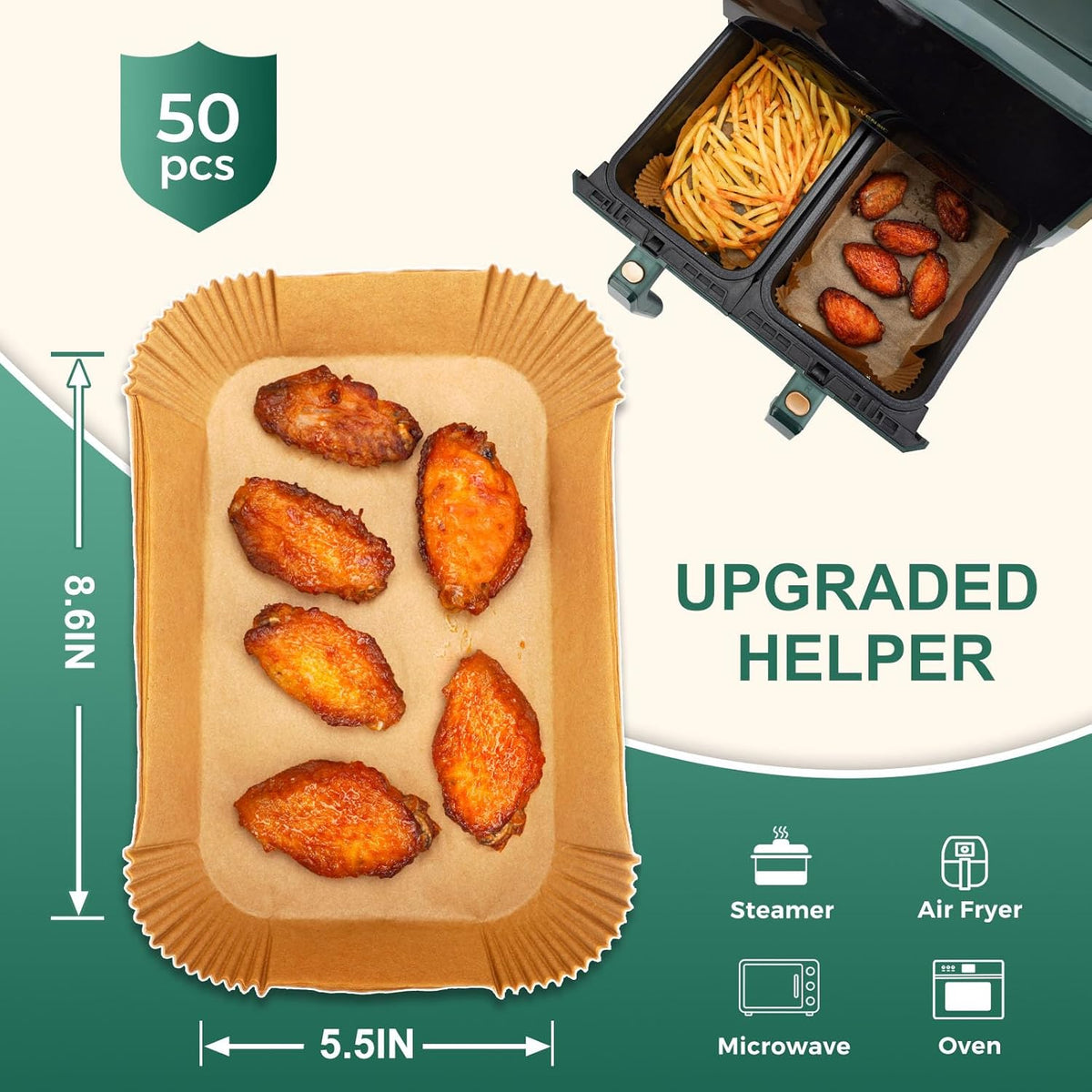 Vailnd Air Fryer Paper Liners Disposable - 50 PCS 8.6x5.5 Inch Rectangle Parchment Paper Sheets, Food Grade Baking Paper for Dual Basket Air Fryer, Oilproof, Waterproof