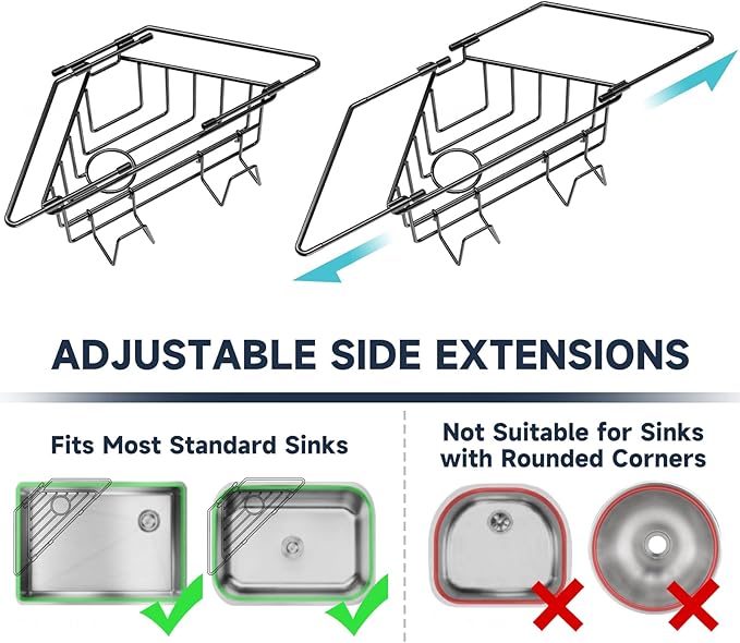 NiHome Extendable Arm Stainless Steel Kitchen Sink Corner Caddy, Easy Install Space-Saving Adjustable Sponge Holder, Non-Slip Rust-Resistant for Brushes, Soap, Sponges (Black)