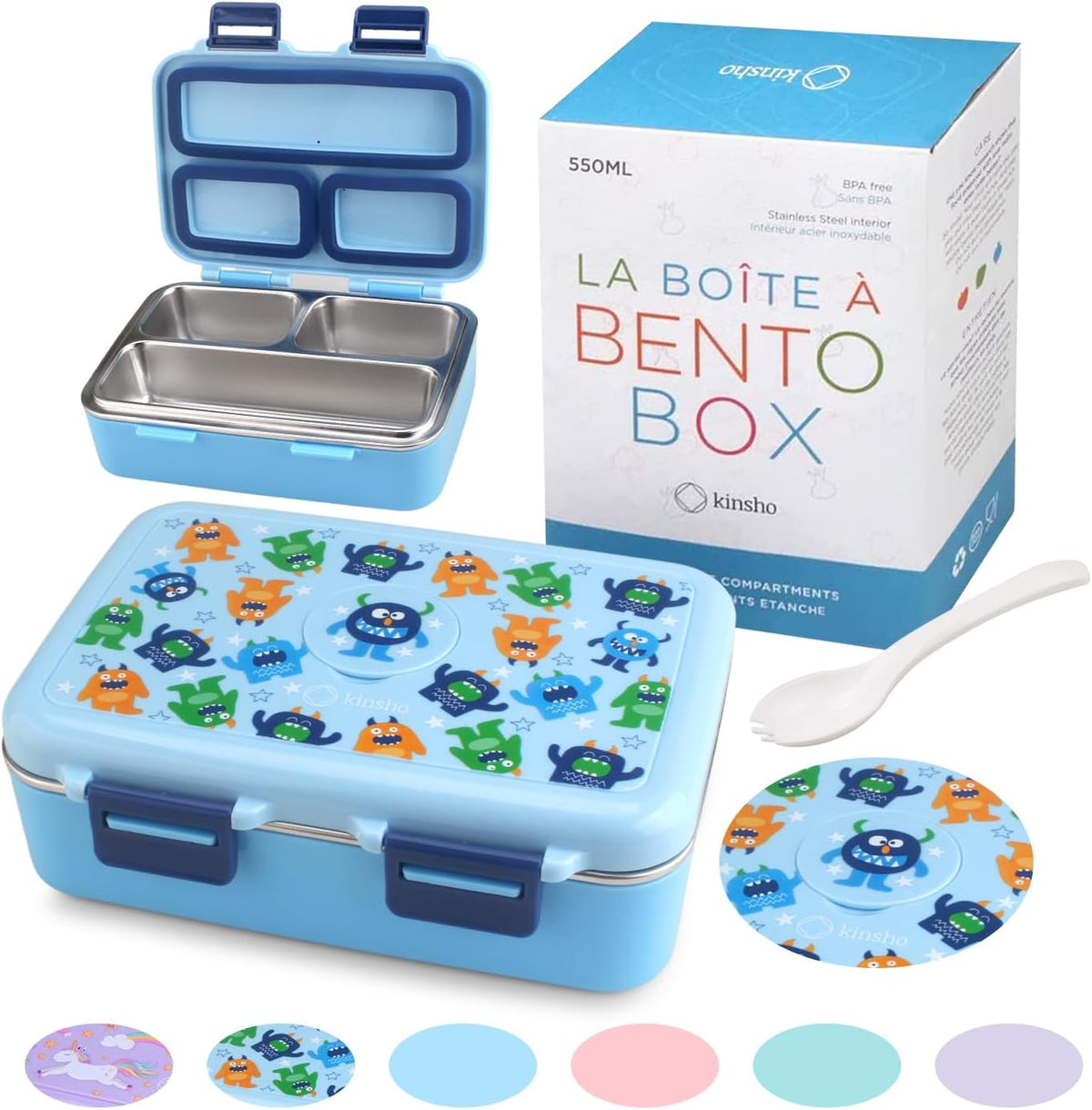 Stainless Steel Lunch Box for Baby Toddlers Boys, Mini Bento, 3 Eco Metal Portion Sections Leakproof Lid, Pre-School Daycare Lunches, Kids Spill-Proof Snack Container, 18 oz/ 550 mL Blue Cute Monster