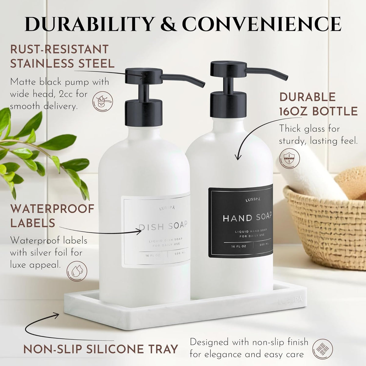 Lotion, Hand & Dish Soap Dispenser for Kitchen Sink - Bathroom Soap Dispenser Set of 2 16.8 Oz Glass Bottles with Stainless Steel Pump, 15 Water Proof Labels & Silicon Tray (White/Black)