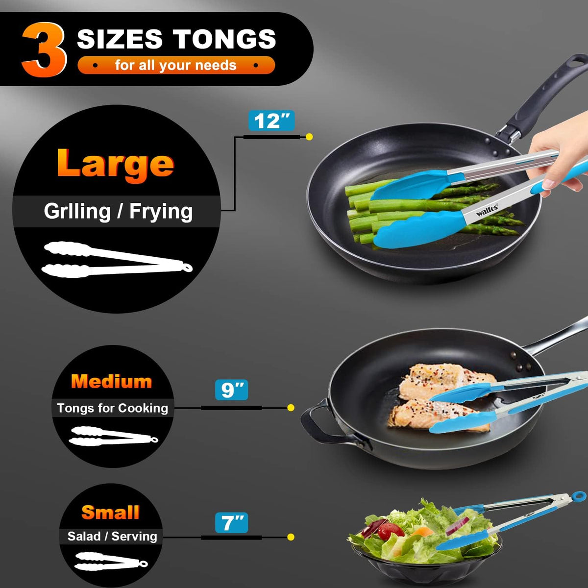 Walfos Kitchen Tongs - 7" 9" and 12" Heat Resistant Food tongs, Thickened Stainless Steel and BPA Free Silicone Tips, Great for Cooking, Grilling, Turning, Dishwasher safe(3 blue silicone tongs)