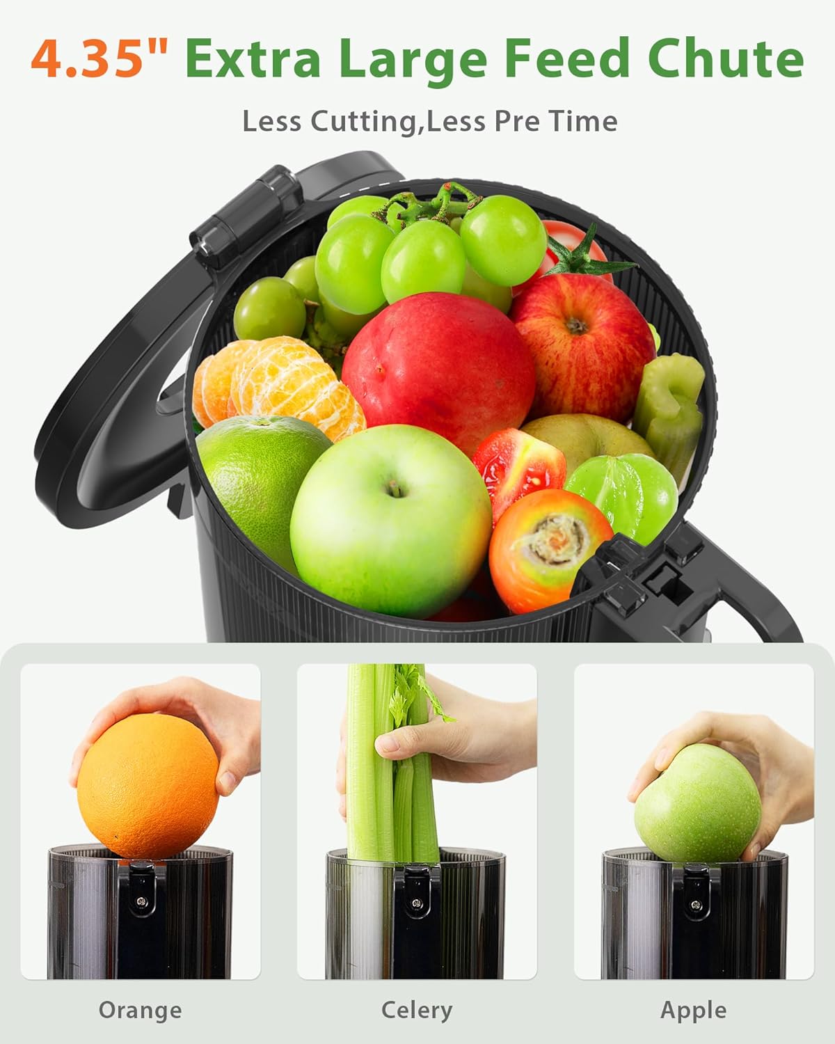 Cold Press Juicer, ECOSELF Juicer Machines with Large Feed Chute for Family Needs, Hands Free For Whole Fruits & Vegetables, Self Feeding for Juice Extractor Machine, Easy to Clean