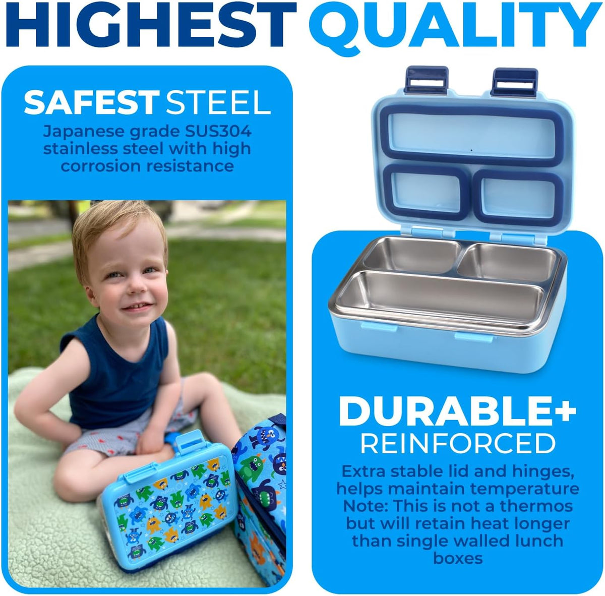 Stainless Steel Lunch Box for Baby Toddlers Boys, Mini Bento, 3 Eco Metal Portion Sections Leakproof Lid, Pre-School Daycare Lunches, Kids Spill-Proof Snack Container, 18 oz/ 550 mL Blue Cute Monster