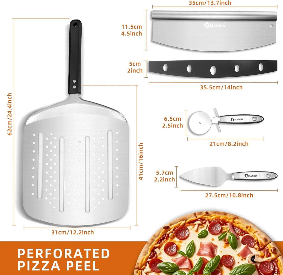 MANJIA Perforated Pizza Peel – 12 inch Aluminum Pizza Paddle with Rocker Cutter Storage Bag – Lightweight Nonstick Metal Pizza Paddle Set for Homemade Baking Pizza Oven & Stone (silver)