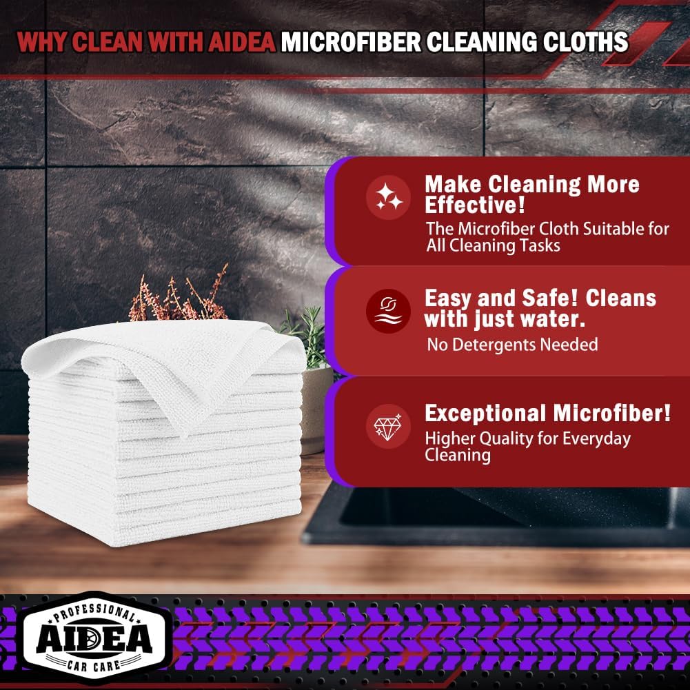 AIDEA Microfiber Cleaning Cloth White 20PK, Microfiber Towels for Cars, Premium Car Cloths, Dusting Cloth Lint Free Cleaning Rags for SUVs, House, Kitchen, Window, Workshops,12×12"