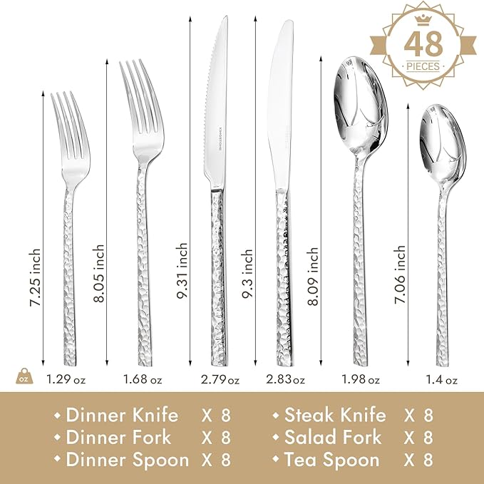 KINGSTONE 48 Piece Silverware Set with Steak Knives, Hammered Silverware Set for 8, 18/10 Stainless Steel Flatware, Cutlery Set for Home, Party, Wedding, Mirror Polished Dishwasher Safe