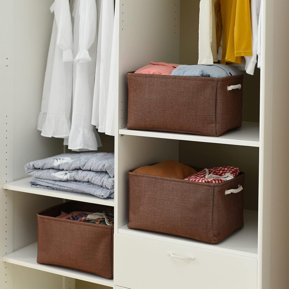 TheWarmHome Decorative Basket Rectangular Fabric Storage Bin Organizer Basket with Handles for Clothes Storage (Brown,Large-3Pack,15.7L*11.8W*8.3H)
