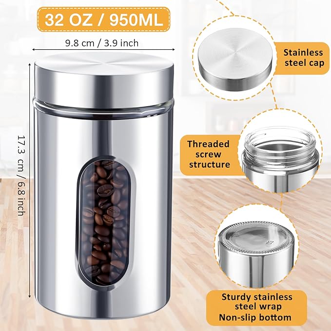 Mimorou 6 Pack Kitchen Canisters Set Airtight Coffee Sugar Tea Candy Storage Jars with Window Glass Stainless Steel Containers with Lids for Flour Cookies Spices Grains Kitchen Decorations(32 oz)