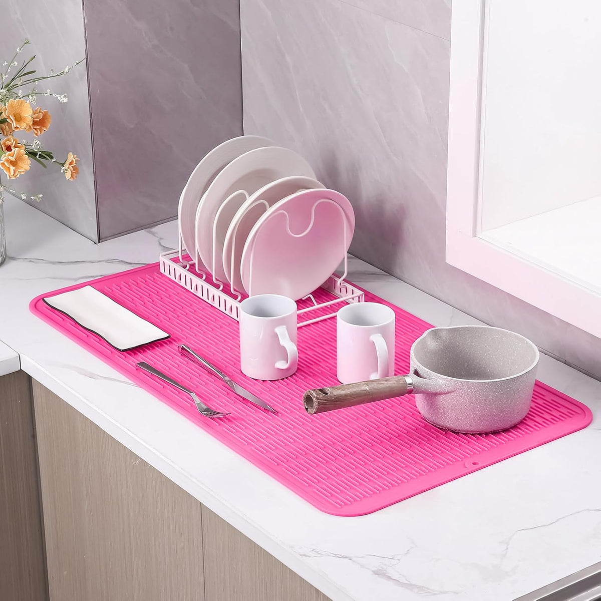 Silicone Dish Drying Mat for Multiple Usage,Easy clean,Eco-friendly,Heat-resistant Silicone Mat for Kitchen Counter or Sink,Refrigerator or Drawer Liner Rose 4XL 32 inches x 18 inches