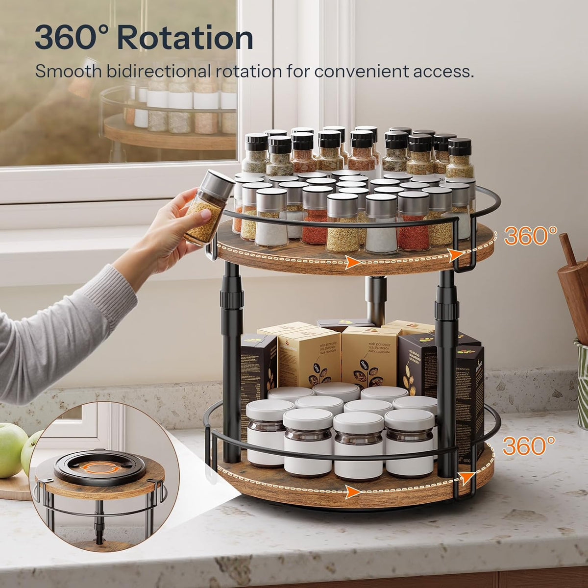 HOOBRO Lazy Susan Organizer Spice Rack, 2-Tier Height Adjustable Rotating Lazy Turntable Spice Organizer, for Kitchen Countertop and Cabinet, Rustic Brown BF05TL01