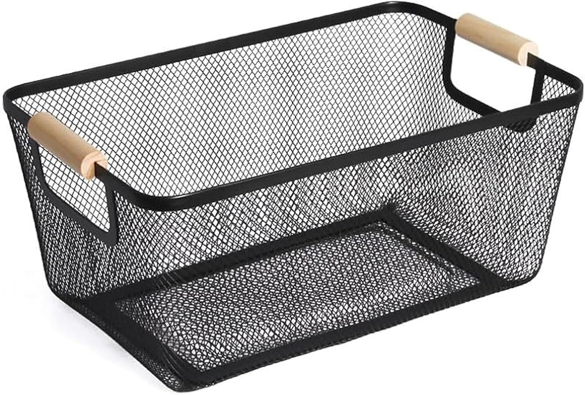Metal Mesh Steel Basket, Medium Wire Storage Organizer Basket Multi-function Hanging Kitchen Basket with Wood Handle for Kitchen Bathroom Picnic Home, Rectangle-Black