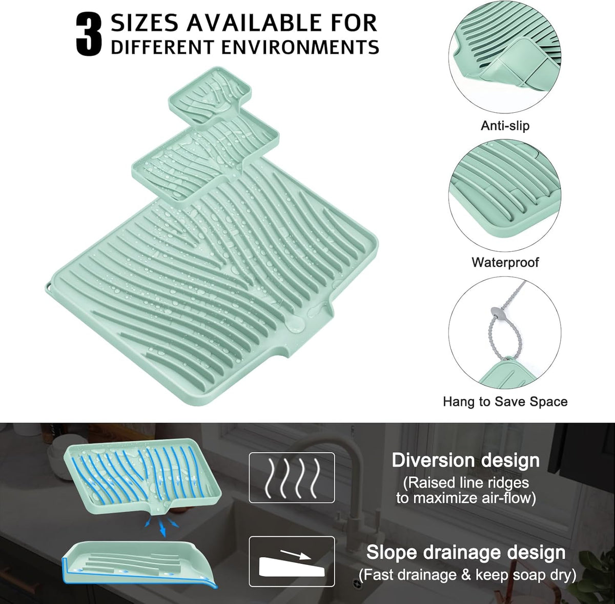 Silicone Dish Drying Mat for Kitchen Counter, Dish Drying Pad, Non-Slip Drain Pad with Built-in Drain, Heat Resistant Stone Drying Mat, 3 pcs (Mint)