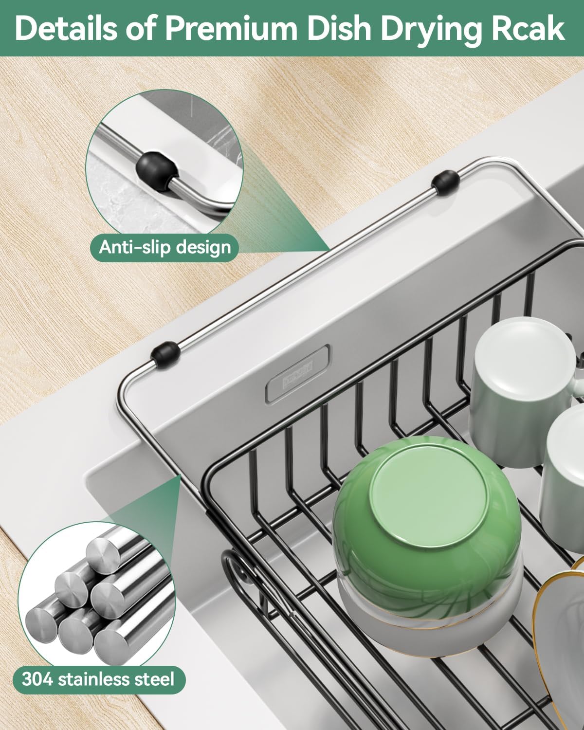 Expandable Dish Drying Rack for in-Sink, Over-Sink, and Counter Use, Dish Drainer with Removable Cutlery Holder, Space Saving & No Assembly Needed 10.5" W x 15" L