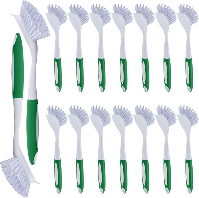 Hsei 20 Pcs Green Kitchen Scrub Dish Brush Bulk with 11 Inch Anti Slip Handle Cleaning Dish Scrubber with Stiff Bristles Washing Scrub Brushes for Housekeeping for Pots and Pans, Kitchen Sink