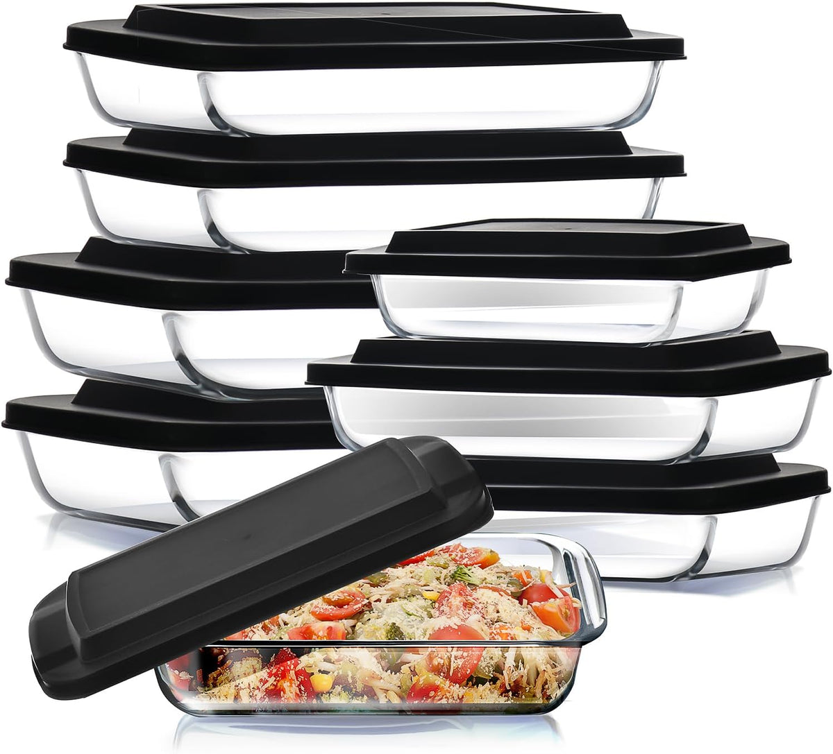 Nestl 8-Pack Glass Baking Dishes for Oven, Glass Food Storage Containers with Lids, Leakproof Casserole Dishes for Oven with Lid, Cooking, Microwave Oven Freezer Safe Bakeware, 9x13 Lasagna Pan Black