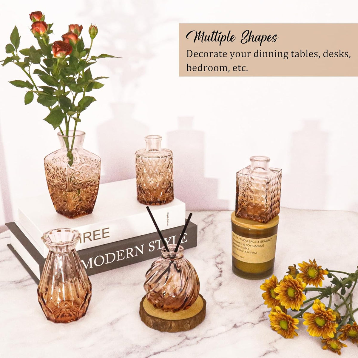 36Pcs Bud Vases Set Small Vintage Glass Bottles Bud Vases in Bulk Multiple Shape Cute Glass Vases for Rustic Wedding Centerpieces Table Decorations and Home Decor(Amber)