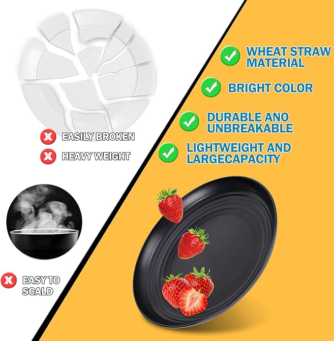 Rubtlamp 16Pcs Plastic Wheat Straw Dinnerware Set, Reusable Plastic Dishes Set for 4, Kitchen Plates And Bowls Set (Deep Four Colors) Include Dinner Plates, Dessert Plates, Cereal Bowls, Cups