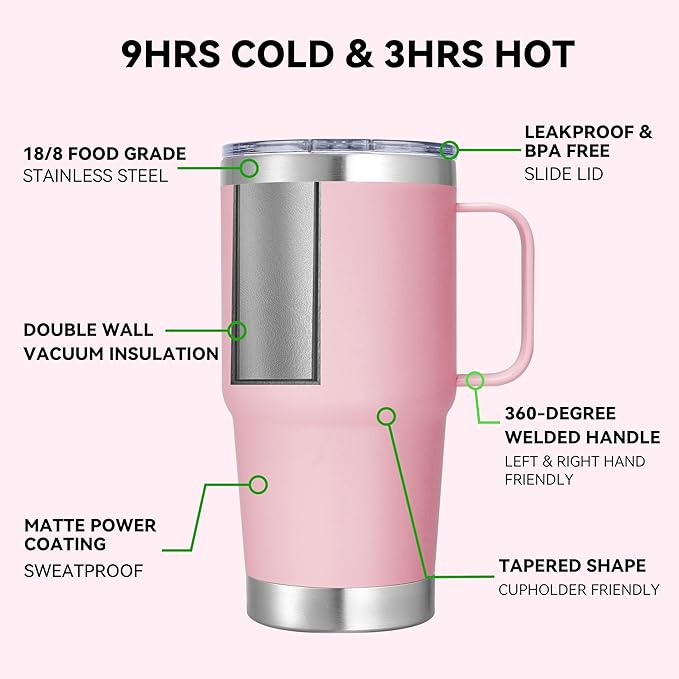 20 oz Stainless Steel Tumbler with Handle Bulk Metal Insulated Tumblers Travel Coffee Mug with Handle Double Wall Tumbler Cup with Lid and Straw, Pink 6 Pack