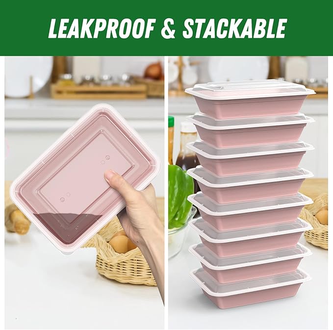 50 Pack (100-Piece) 32 oz Meal Prep Containers Reusable with Easy Open Lids, Sturdy Leakproof Food Safe, Microwave Freezer Dishwasher Safe, To Go Take Out Plastic Food Storage Pans with Lids, Pink