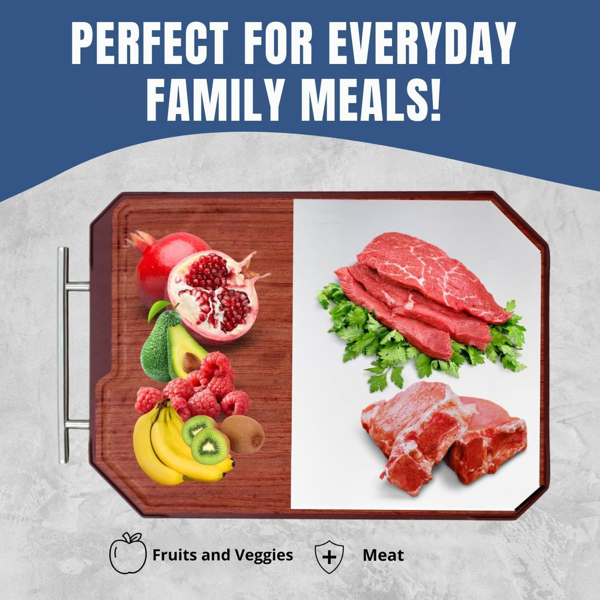 2-in-1 Wooden Cutting Board – 17.7"x11.8", Ebony & Stainless Steel – Double-Sided | Juice Groove | Handle for Hanging | Meat, Cheese, Veggies | BPA-Free & Dishwasher Safe