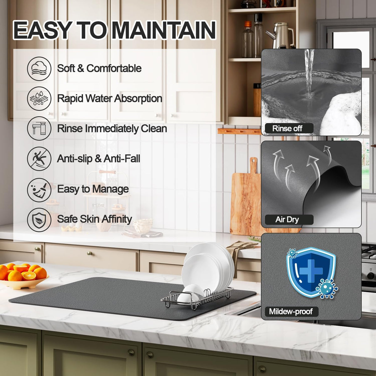 Dish Drying Mat for Kitchen Counter | Coffee Bar Mat for Countertops | Heat Resistant Drainer Mat with Non-slip Rubber Backed | Hide Stain Kitchen Absorbent Draining Mat | Dark Grey 16"x24"