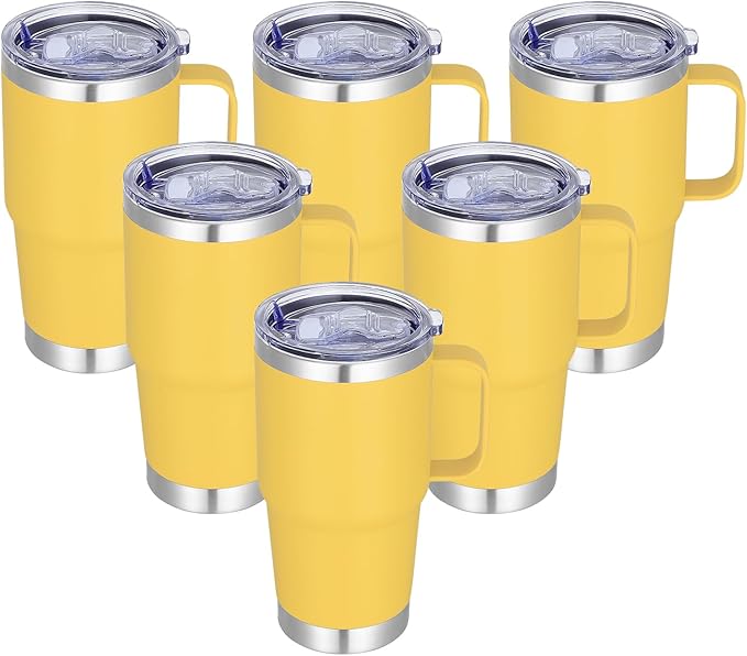20 oz Stainless Steel Tumbler with Handle Bulk Metal Insulated Tumblers Travel Coffee Mug with Handle Double Wall Tumbler Cup with Lid and Straw, Yellow 6 Pack