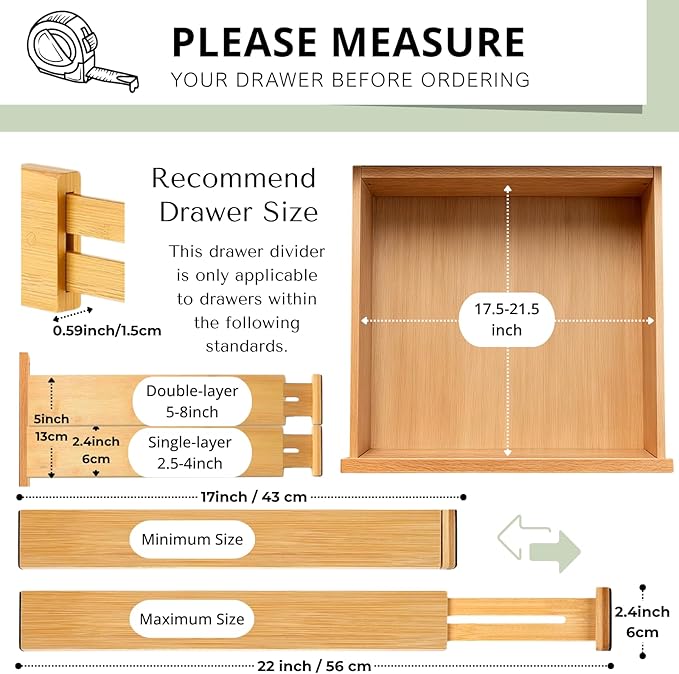 6-Pack Bamboo Drawer Dividers Organizer – Expandable 17''-22'' Kitchen & Clothing Storage for Deeper drawers of Dresser, Bedroom, Kitchen, Office