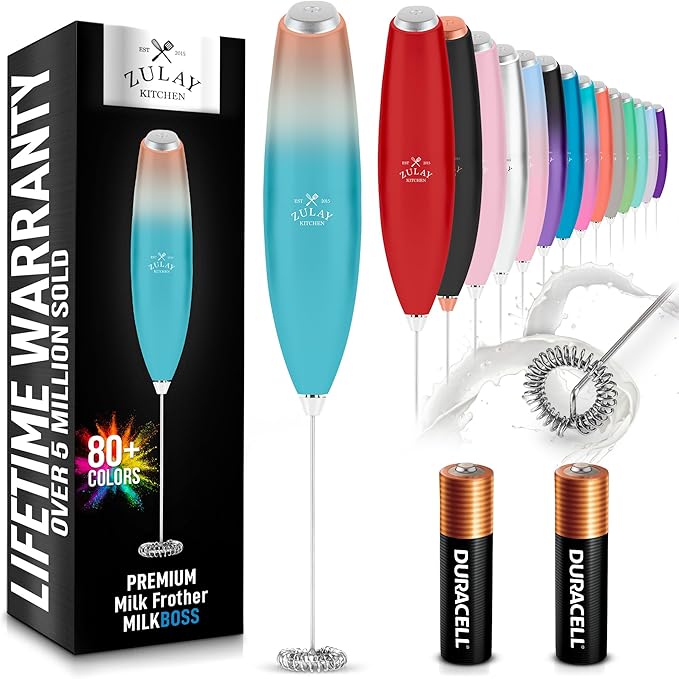 Zulay Kitchen Milk Frother Handheld Electric Whisk with AA Duracell Batteries – Durable Drink Mixer for Coffee, Lattes, Cappuccinos & More - Sunrise
