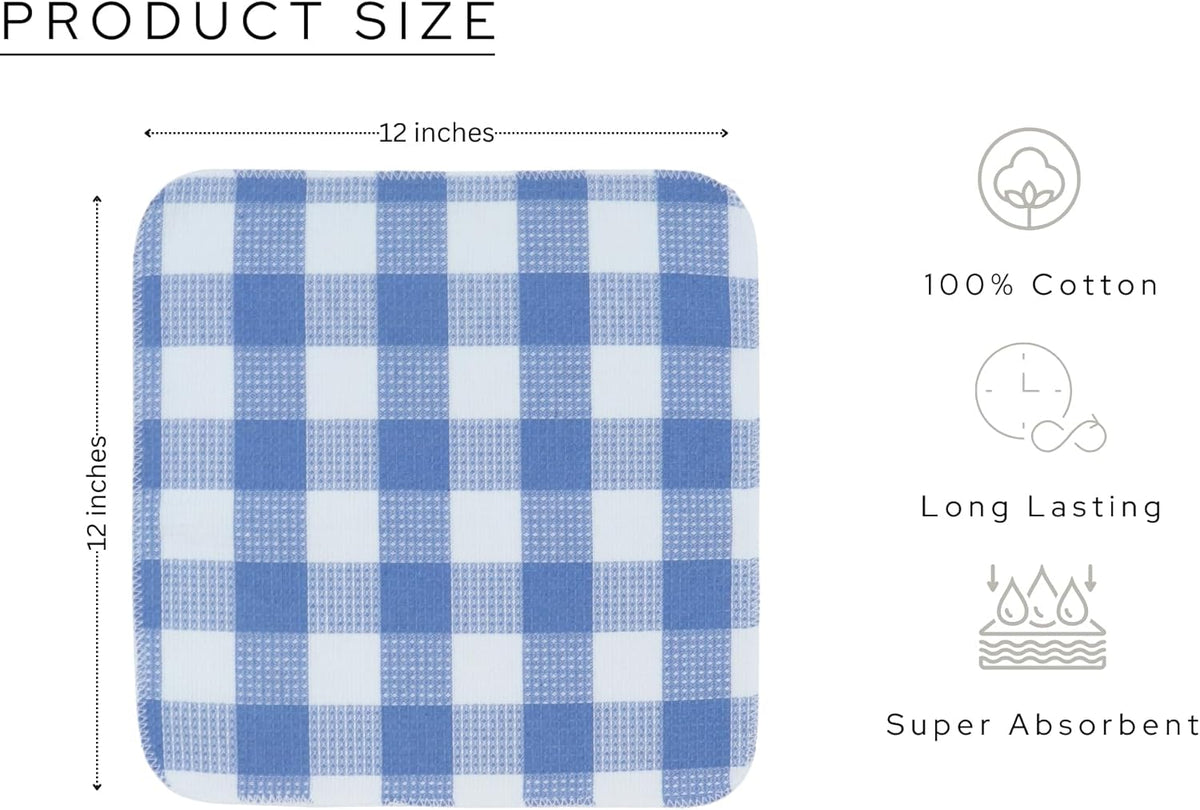 Waffle Weave Plaid Dish Cloths, 100% Cotton - 12 x 12 Inches, Ultra Soft Absorbent Quick Drying Dish Towels Buffalo Check Dish Rags for Kitchen, 8 Pack - Spring Summer - Light Blue & White