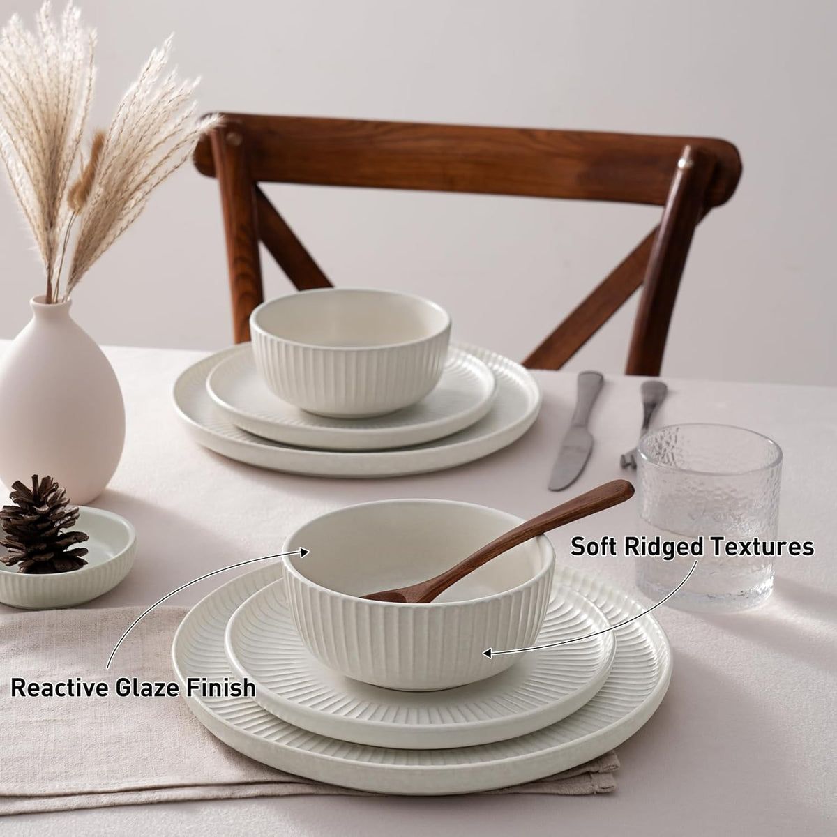 Famiware Starlight Dinnerware Sets, Plates and Bowls Dish Set of 8 (24 Pieces), Ribbed Textured Tableware - Dishwasher & Microwave Safe, Chip Resistant, Reactive Glaze, Matte Reactive White