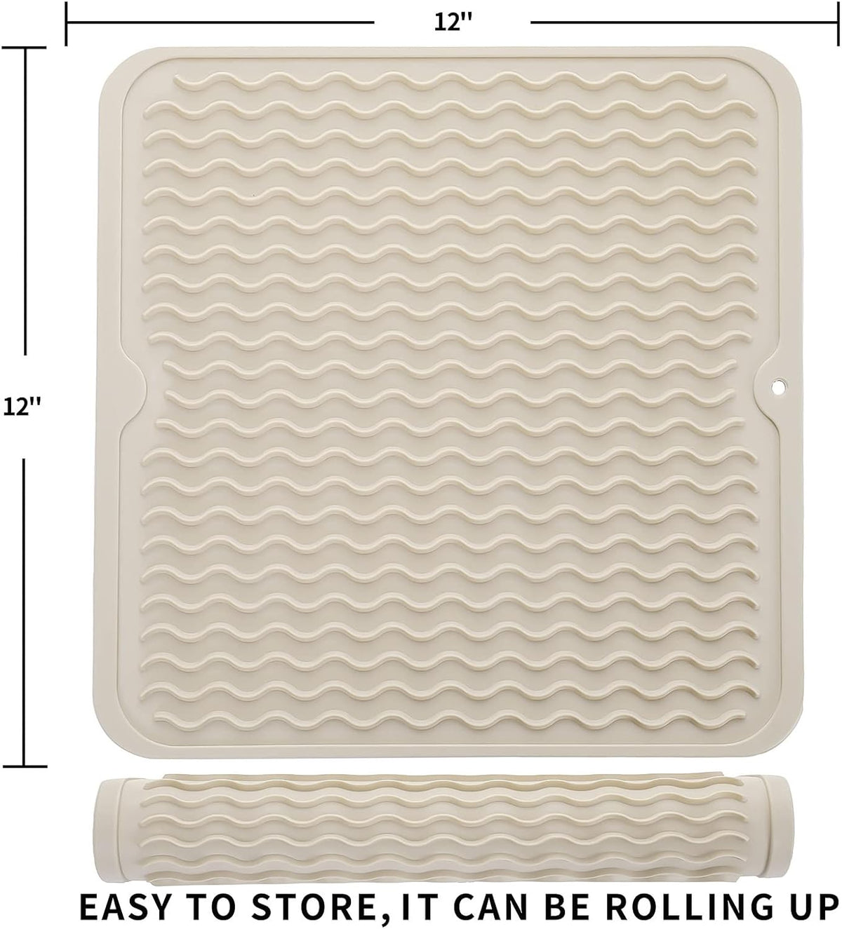 Silicone Dish Drying Mat for Multiple Usage,Easy clean,Eco-friendly,Heat-resistant Silicone Mat for Kitchen Counter or Sink,Refrigerator or Drawer liner Tapioca M 12 inches x 12 inches