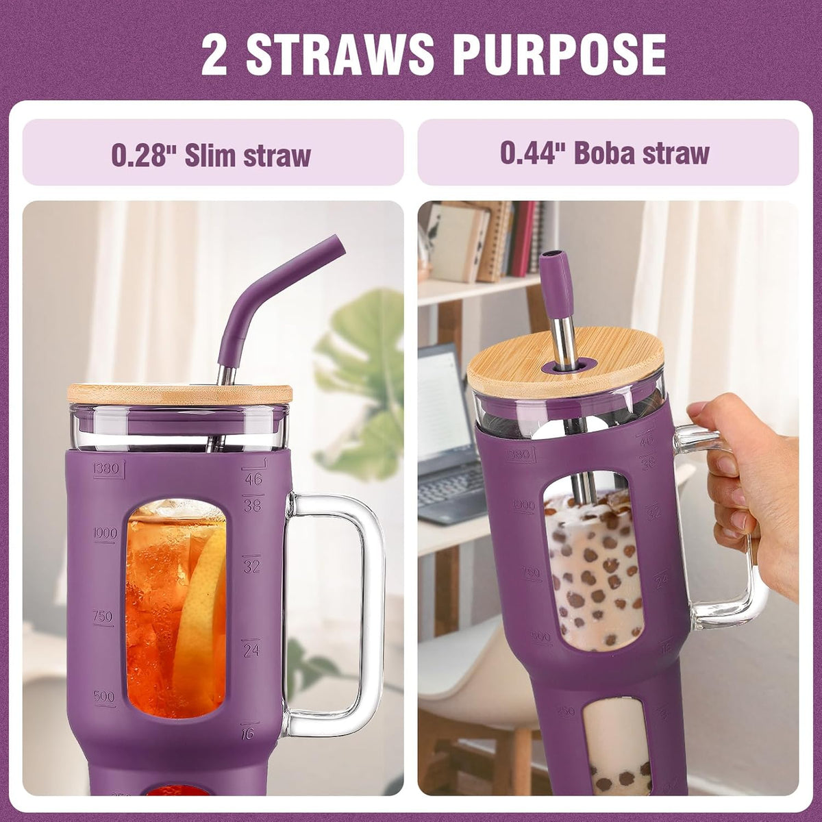 Glass Tumbler with Lid and Straw, 46 oz Iced Coffee Cup with Handle, Glass Water Bottles with Silicone Sleeve, BPA Free-Purple