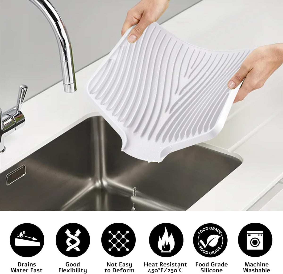 Silicone Dish Drying Mat for Kitchen Counter, Dish Drying Pad, Non-Slip Drain Pad with Built-in Drain, Heat Resistant Stone Drying Mat, 1 set (Ivory)