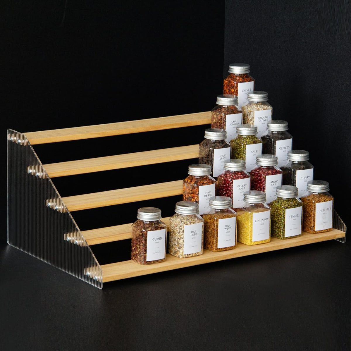 nianfeng Tiered Spice Rack, 5-Tier Spice Pantry Kitchen Cabinet Organizer, 19.9-Inch, Natural Wood Acrylic Stair Riser Stand, Countertop Seasoning Shelf