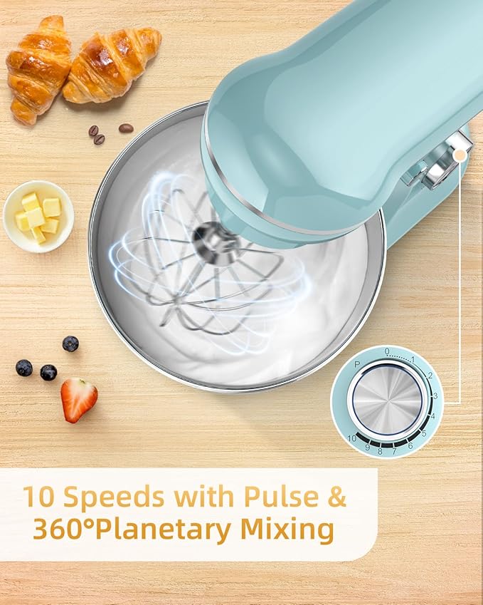 Tilt-Head Stand Mixer, 5QT+6QT Stainless Steel Two Bowls, 10 Speeds Kitchen Electric Food Mixer with Egg Whisk, Dough Hook, Beater, Dishwasher-Safe Attachment (Blue)