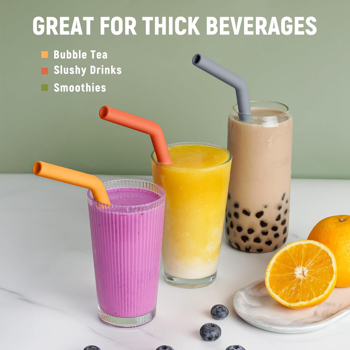 NiHome 6PCS Extra Wide Reusable Bent Silicone Straws for Boba, Smoothies, Bubble Tea, Eco-Friendly Bent Straws for Thick Drinks, Child-Safe, Customizable Length, 2 Brushes Easy Cleaning (Deep Rainbow)